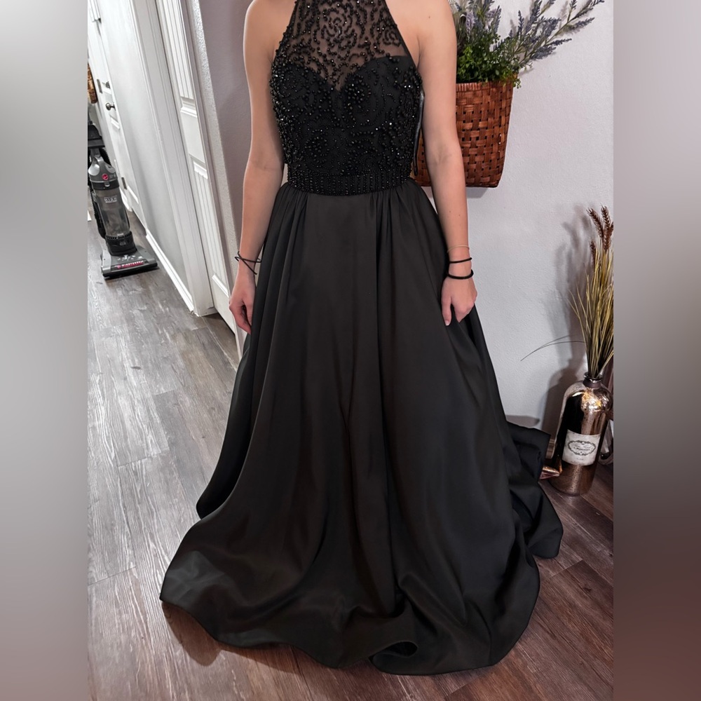 Sherri Hill black satin and crystals formal dress with crinoline.